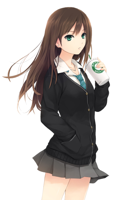 Female character with black hair holding a white and green plastic cup, featuring Rin Shibuya from The Idolmaster Cinderella Girls png