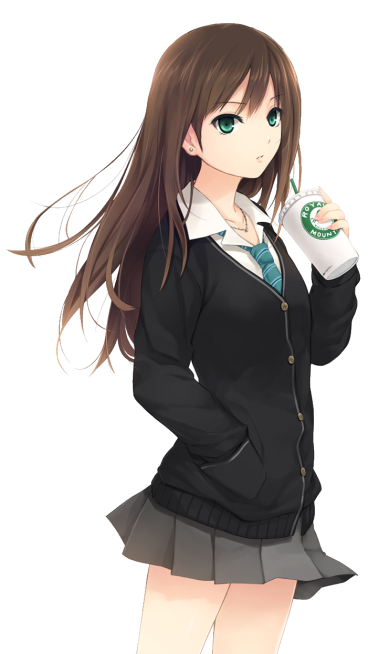 Personaje femenino con cabello negro que sostiene un vaso de plástico blanco y verde, con Rin Shibuya de The Idolmaster Cinderella Girls png