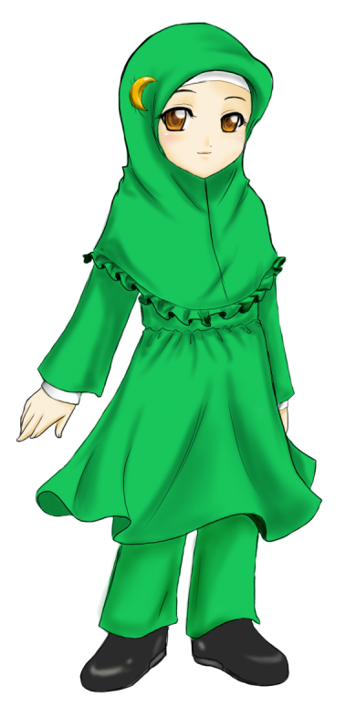 Un personaje de dibujos animados de niña musulmana con ropa hijab completa en color verde, png PNGEgg
