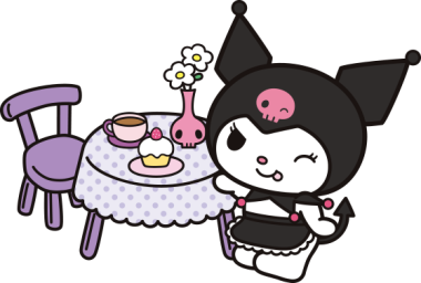 Kuromi png dibujos animados en la mesa con comida