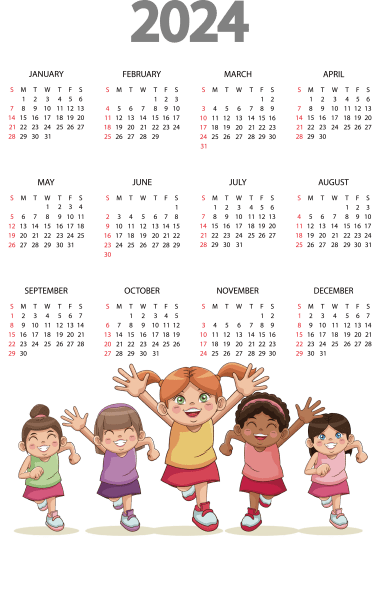 Calendrier 2024 avec des enfants en arrière-plan, png