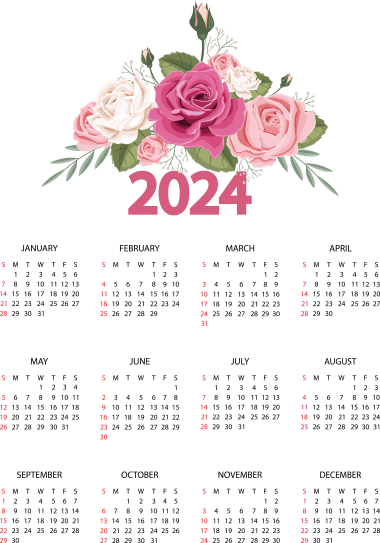Calendrier 2024 avec des roses, png