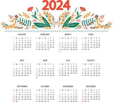 Calendrier 2024 avec des roses, png