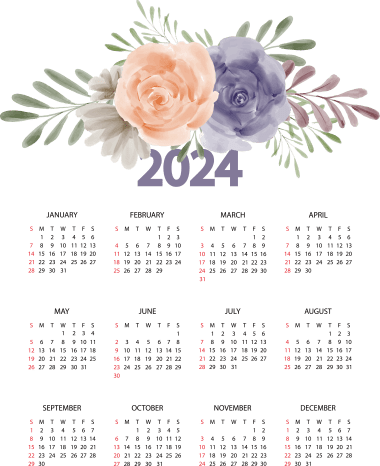 Calendrier 2024 et roses, png