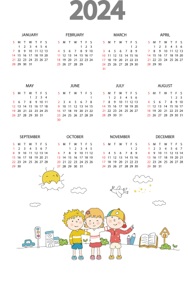 Calendar of year 2024 for home, kids png