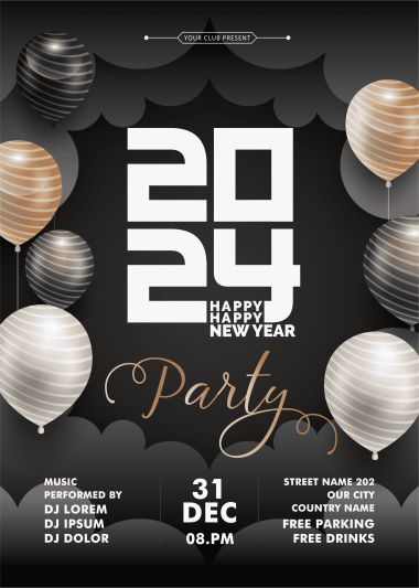 cartel de fiesta de año nuevo 2024 globo nubes, png
